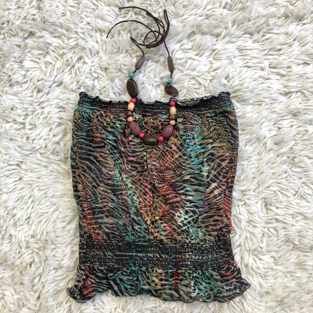 Beaded Neck Animal Print Halter Blouse